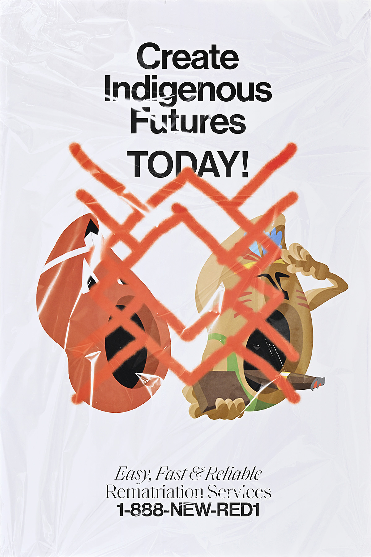 A poster of two cartoon vessels with a red geometric symbol spray painted over them.