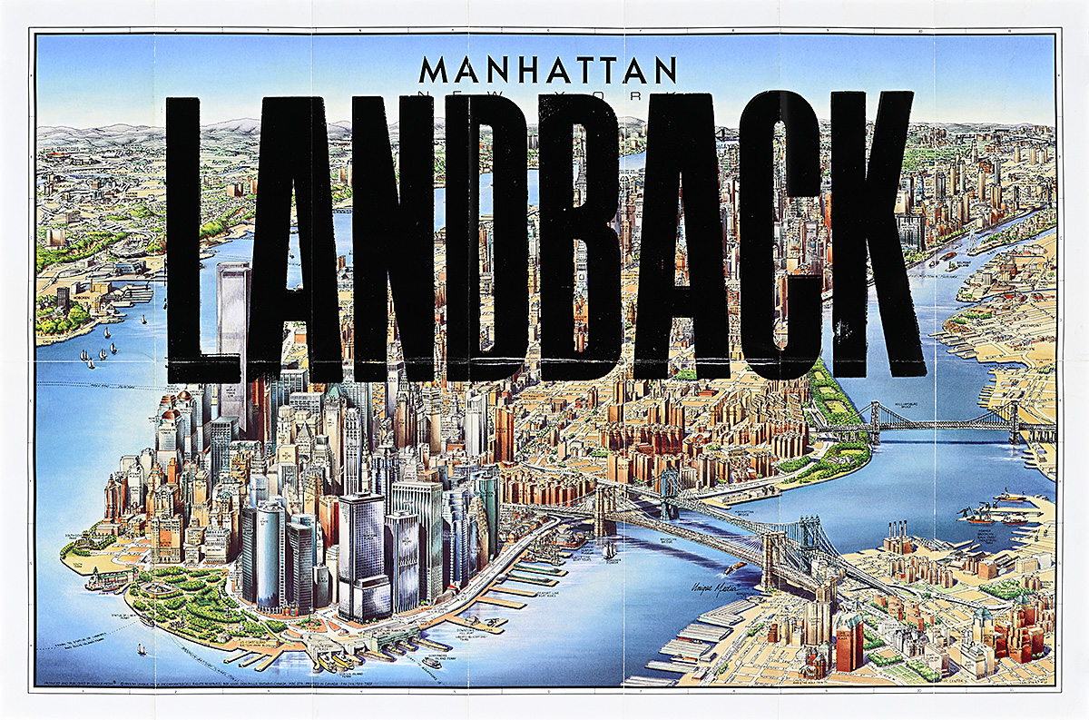 A poster of a detailed illustrated map of Manhattan with landback printed over it in black text.