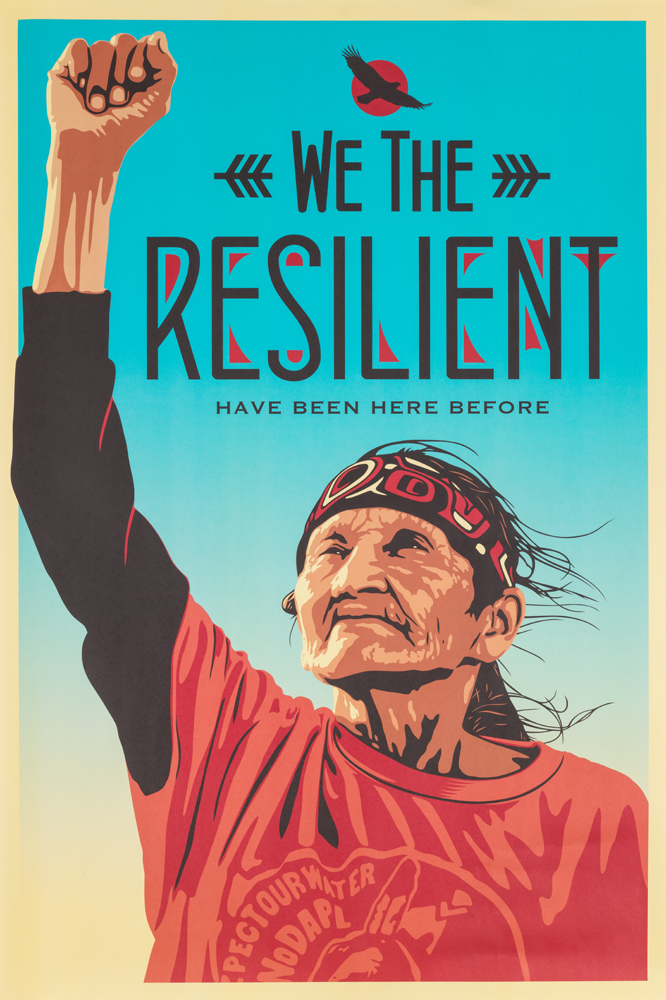 A poster of an older person wearing a shirt with some text reading no DAPL and raising a fist.