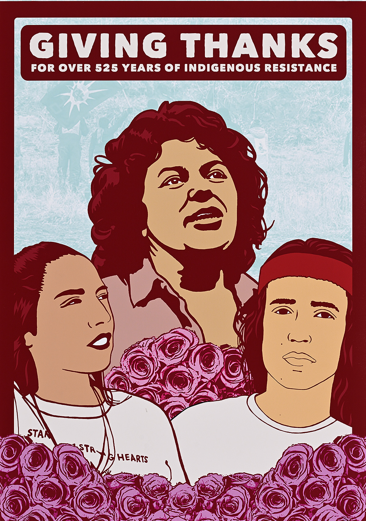 A poster with an illustration of three faces surrounded by pink roses.