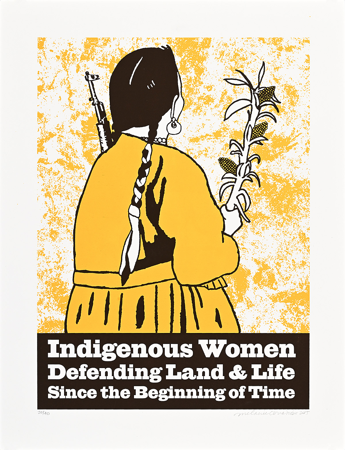 A poster of a Native American woman holding a corn stalk and a gun over her shoulder.
