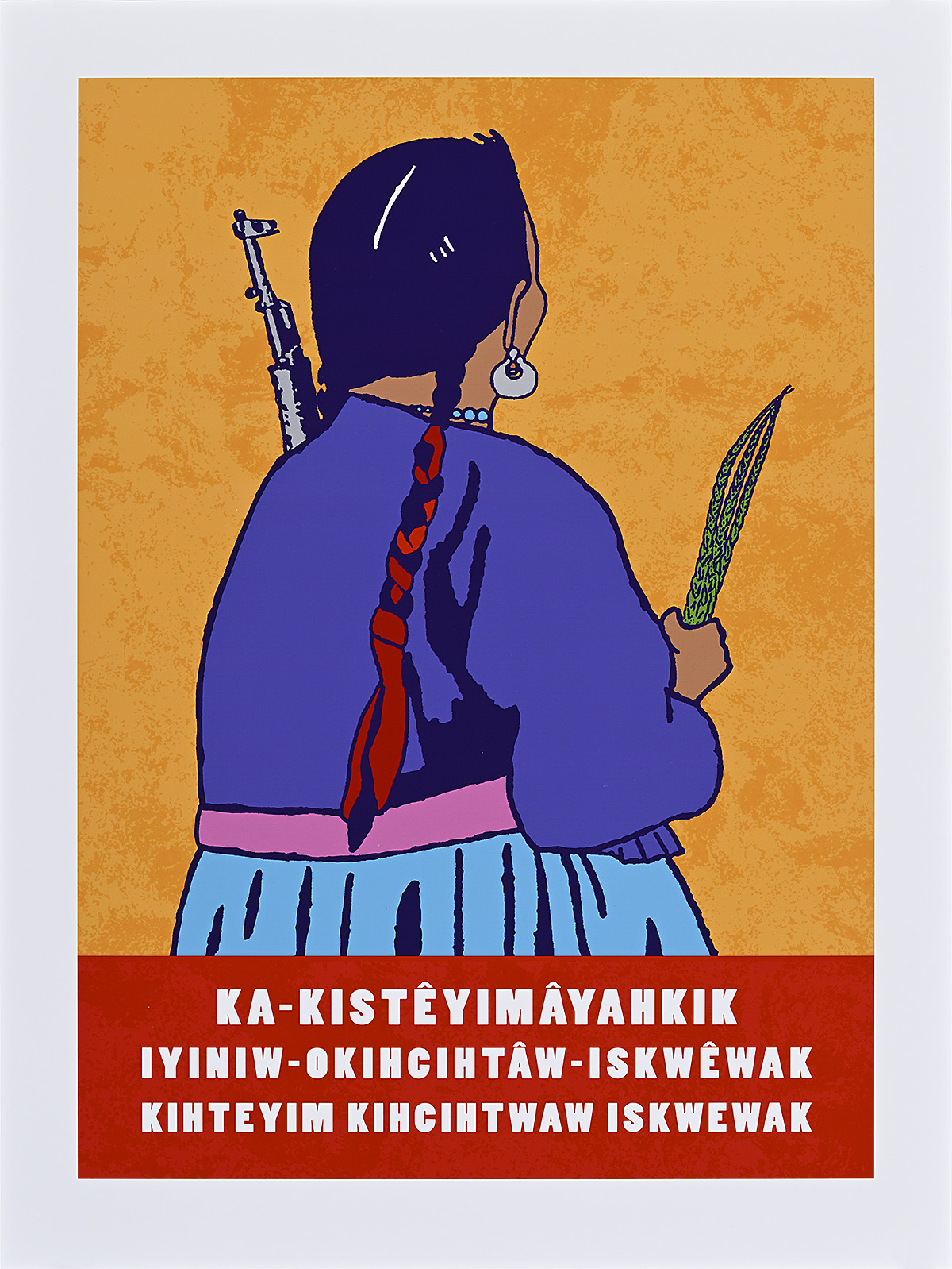A poster of the back of a woman with a braid in her hair holding greens and a gun over her shoulder.