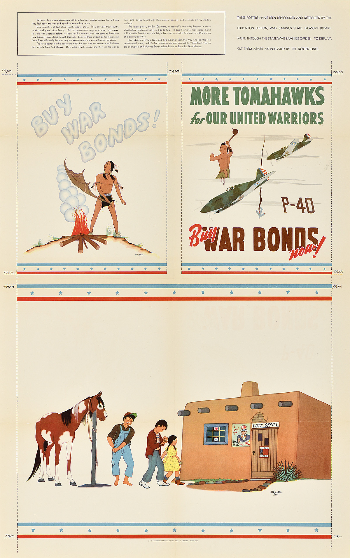 Three posters printed on one sheet with Native Americans wafting smoke, holding weapons, and walking into a post office.