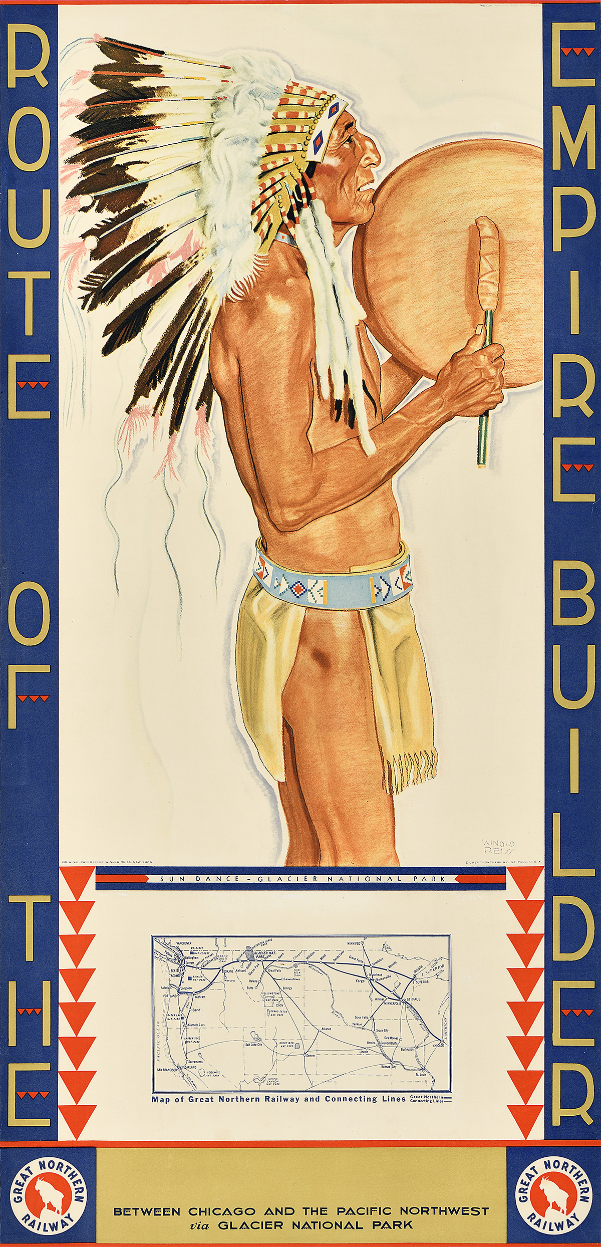 A poster of a Native American man with a drum above a map of train lines.