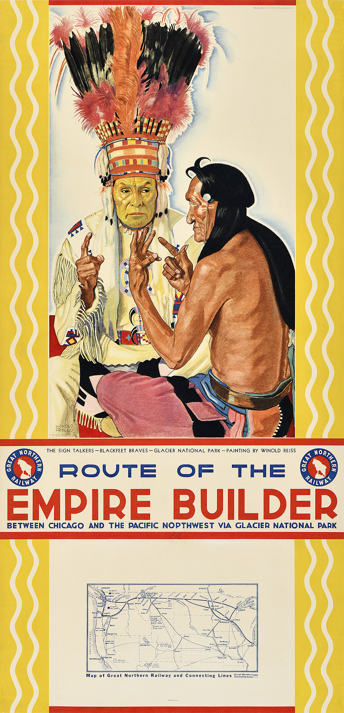 A poster of two Native American men seated in front of one another above a map of railway lines.