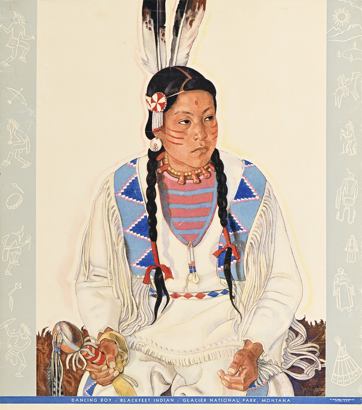 A poster of a Native American boy in regalia.