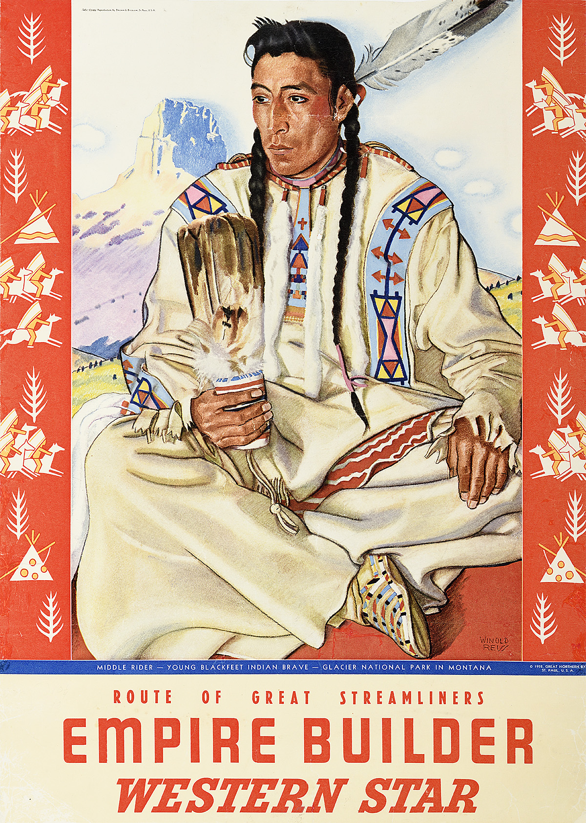 A poster featuring a seated Native American man with long braids in robes in front of a mountain.