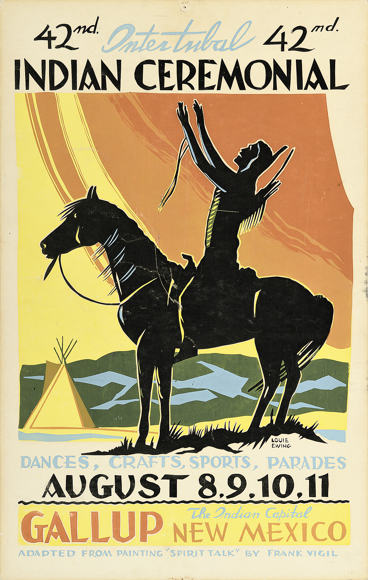 A poster of a silhouette of a Native American man on horseback in a landscape.