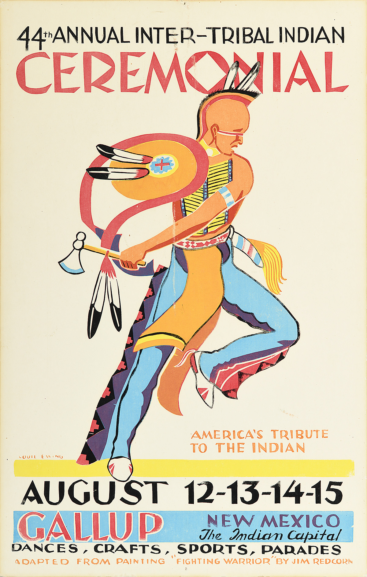A poster of a Native American man dancing and holding an axe.