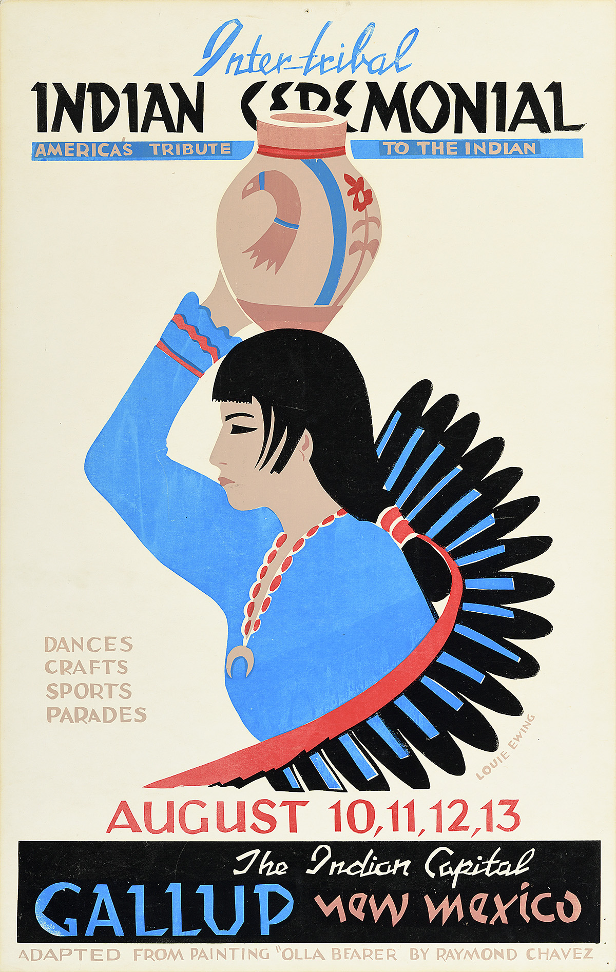 A poster with an illustration of a Native American woman balancing a clay pot on her head.