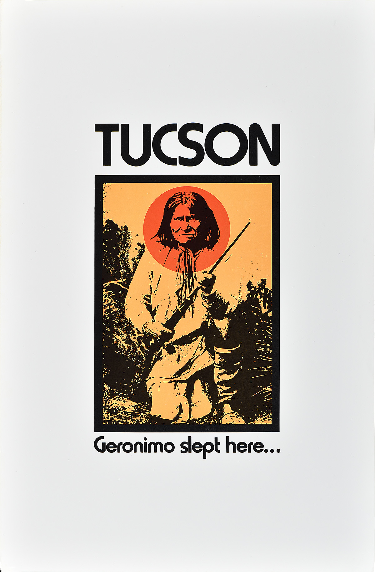 A poster of a Native American man looking sternly at the viewer, kneeling, and holding a gun.