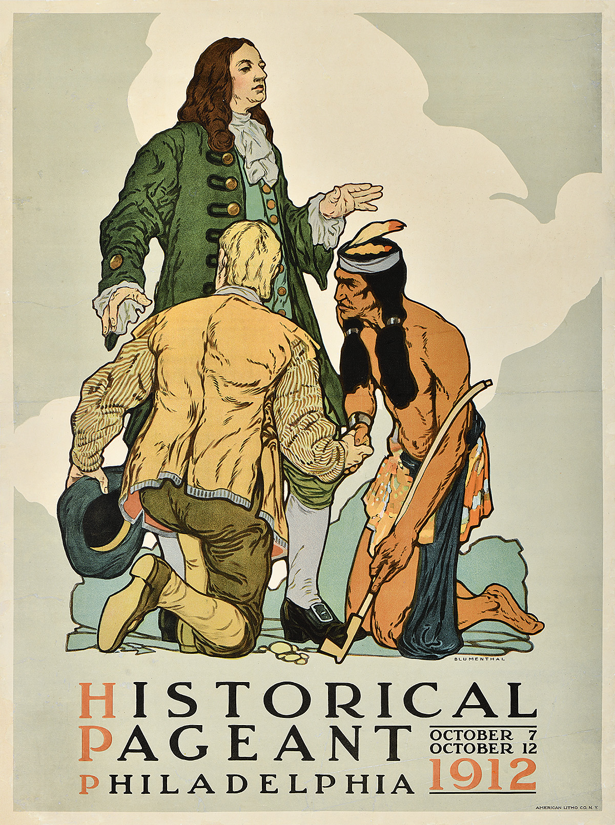 A poster of a white man and a Native American man kneeling and shaking hands with a white man standing behind them.