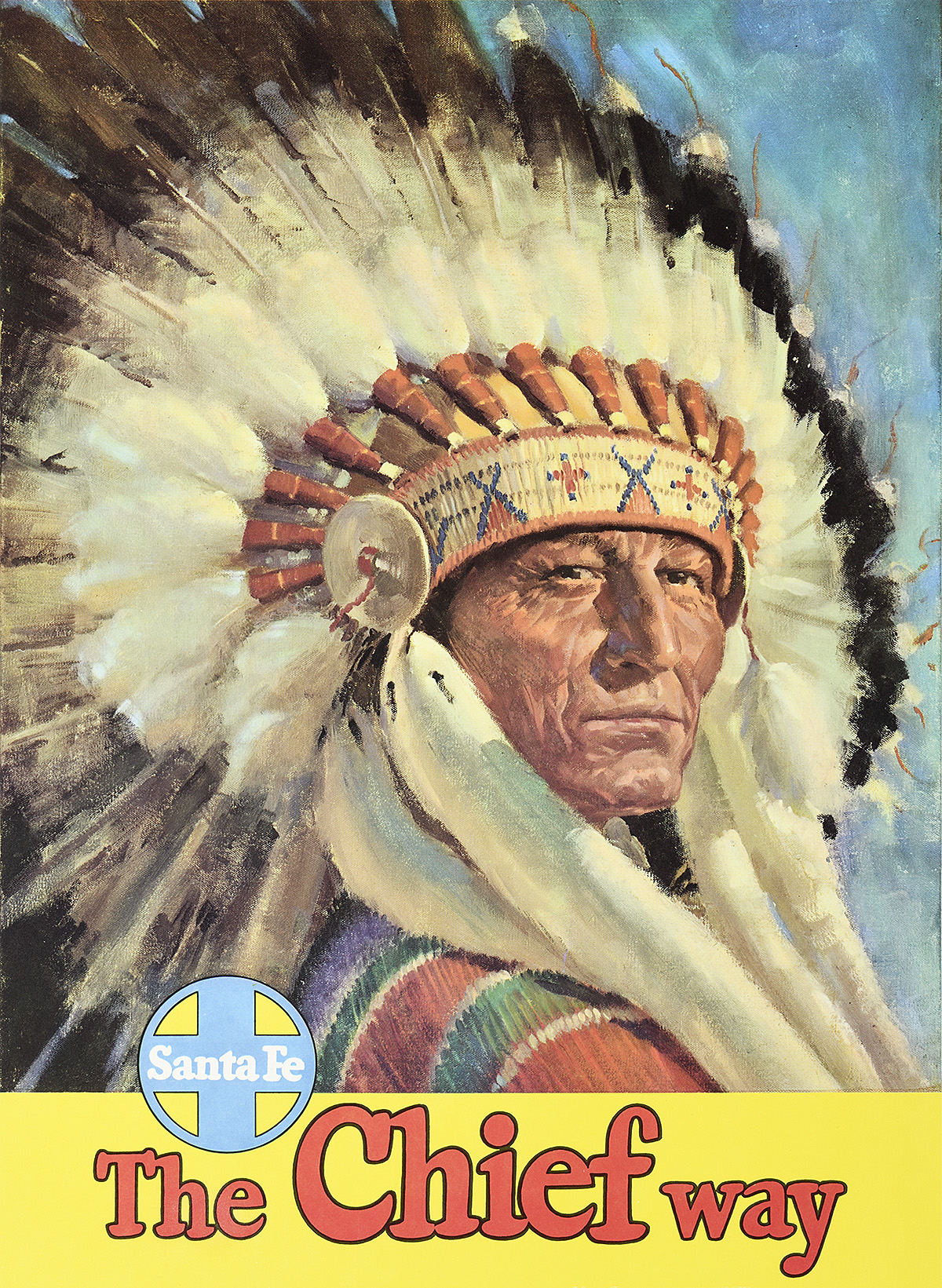 A poster featuring a painting of an older male Native American in a full feather headdress.
