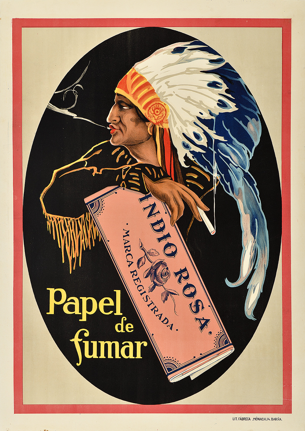 A poster of a Native American man smoking and resting his arm on a pack of rolling papers.