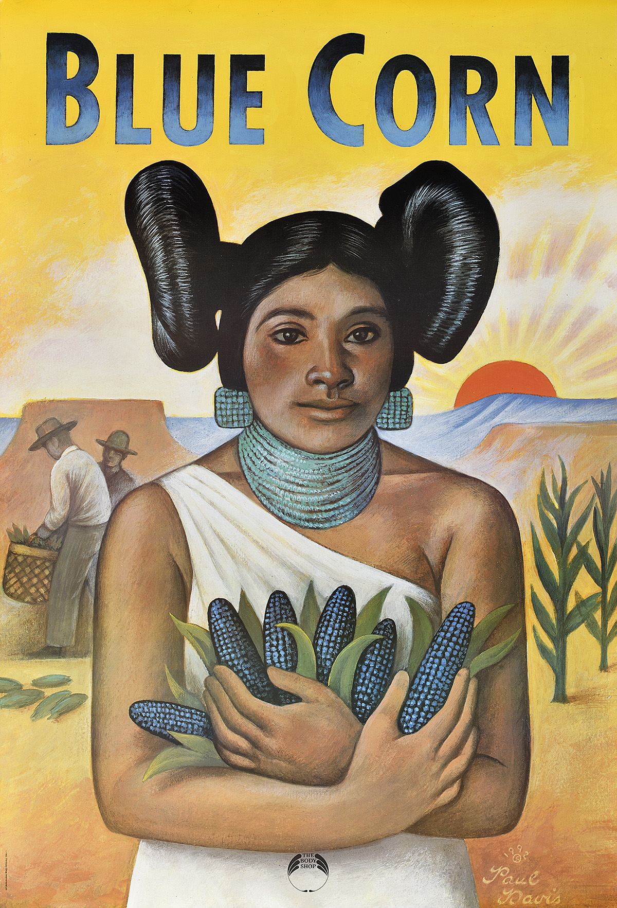 A poster of a Native American woman holding ears of blue corn in a desert landscape.