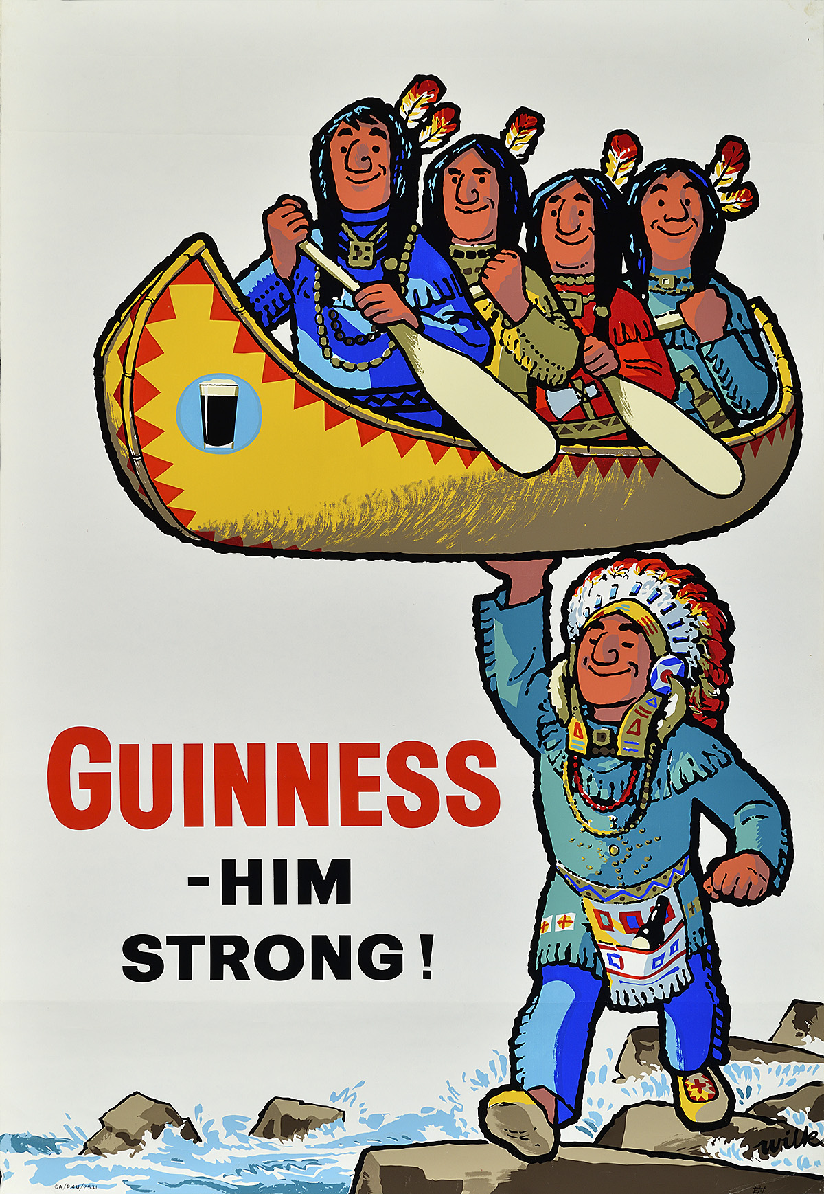 A poster of a caricature of a Native American man holding a canoe full of other Native American men with one hand.