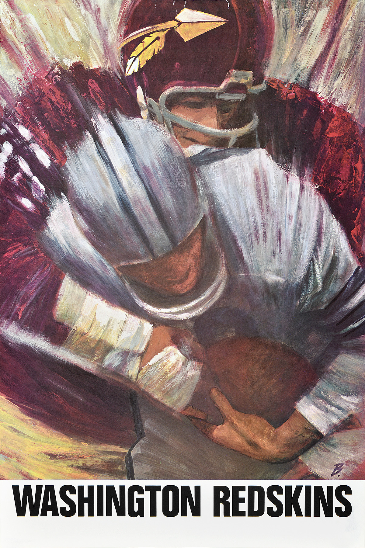 A poster with a painting of a football player in a red uniform tackling another player from behind.