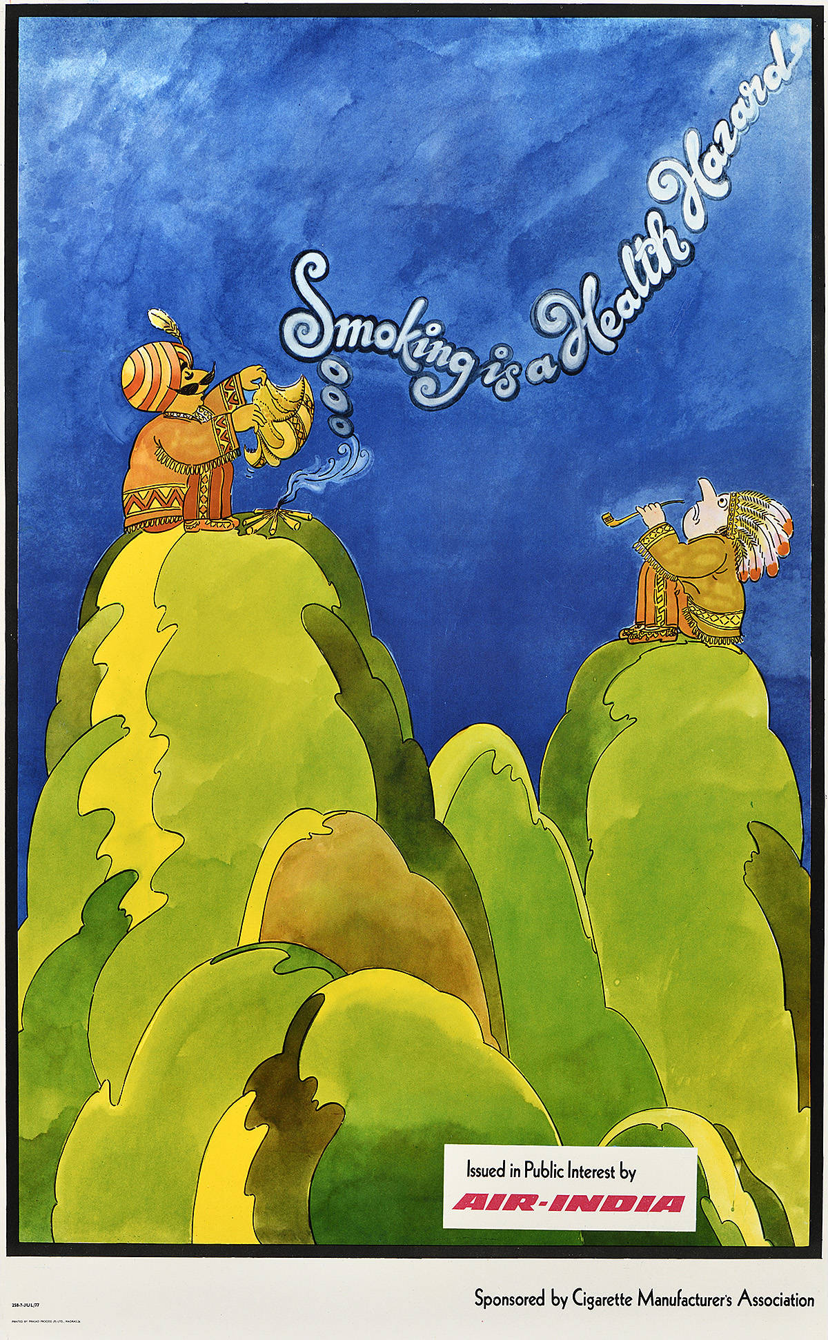 A poster of the Air-India maharaja sitting on a hilltop stoking a fire with the smoke forming text.