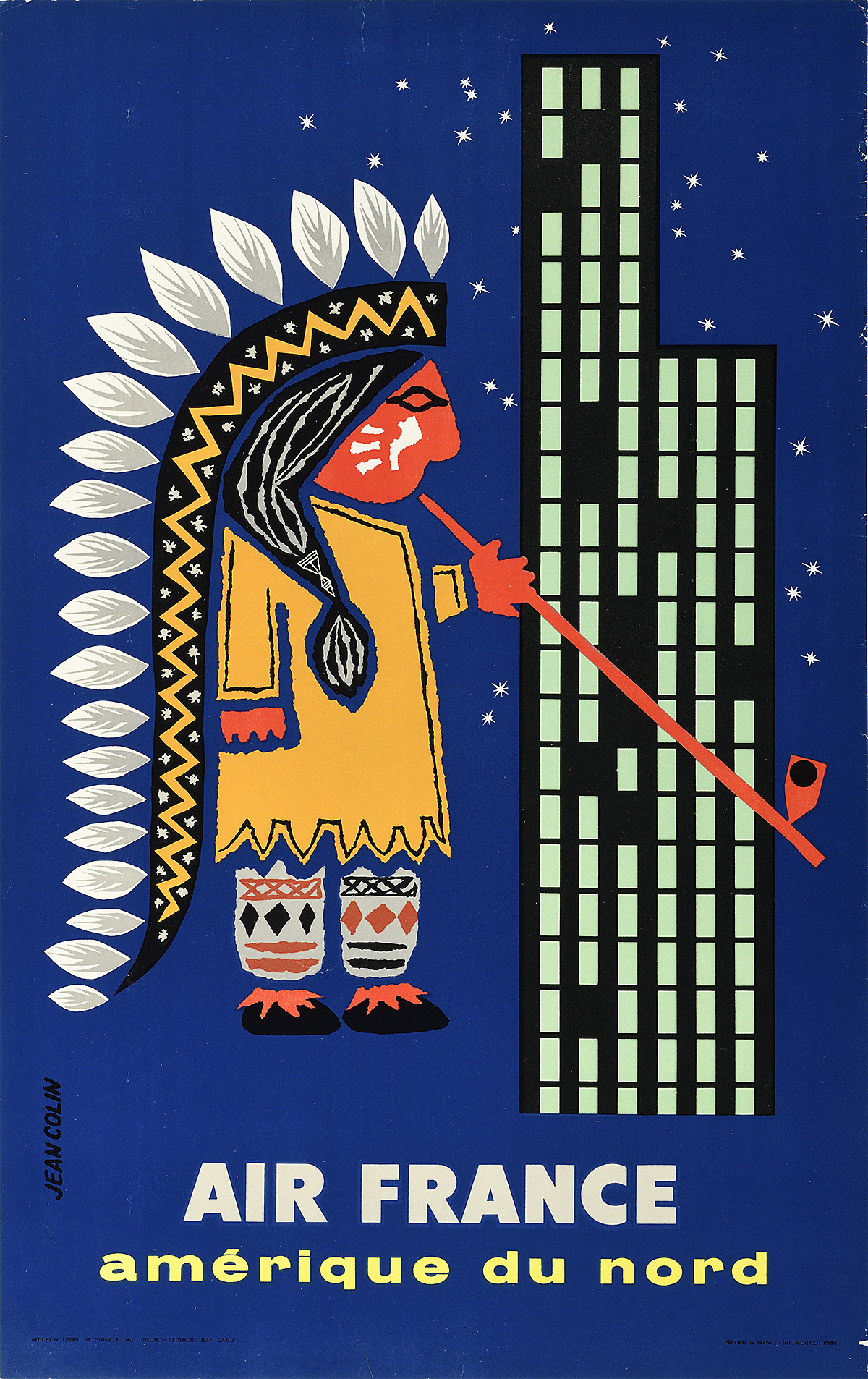 A poster with an illustration of an Indigenous figure in tribal regalia blowing a pipe next to a skyscraper.