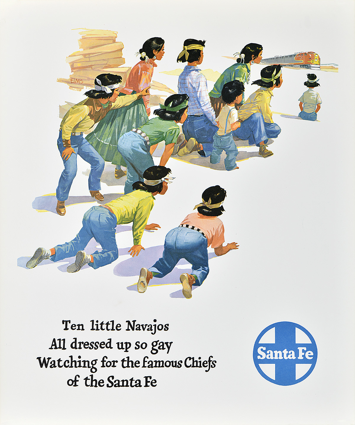 A poster of a group of Native American children crawling and sitting looking at a train in the distance.