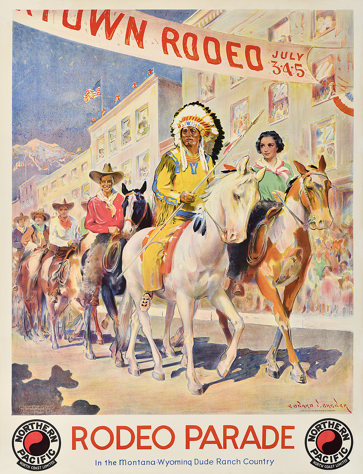 A poster of a group of Native American men and women riding horses through a city street.