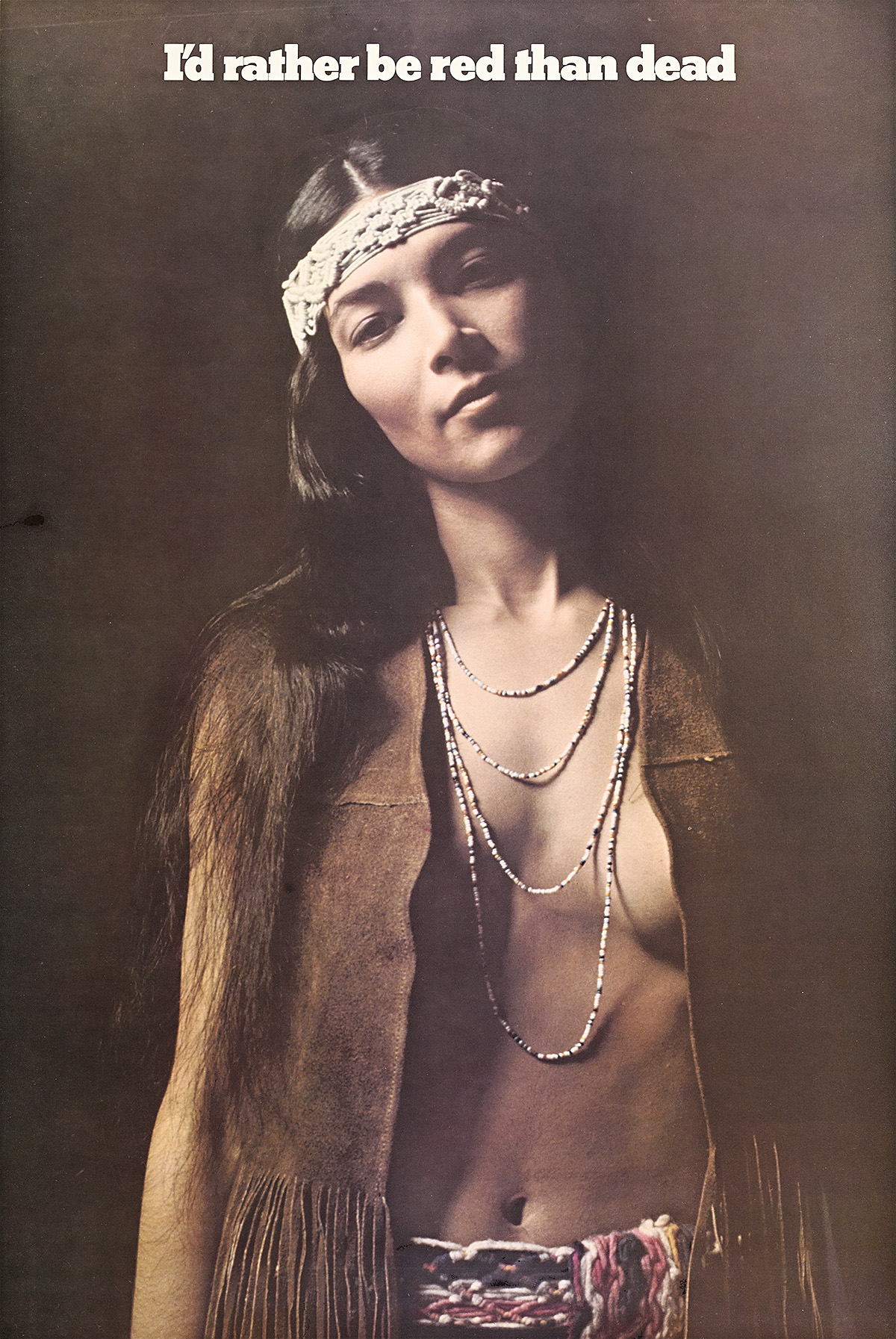 A poster of a Native American woman in a fringed vest, headband, and beads.