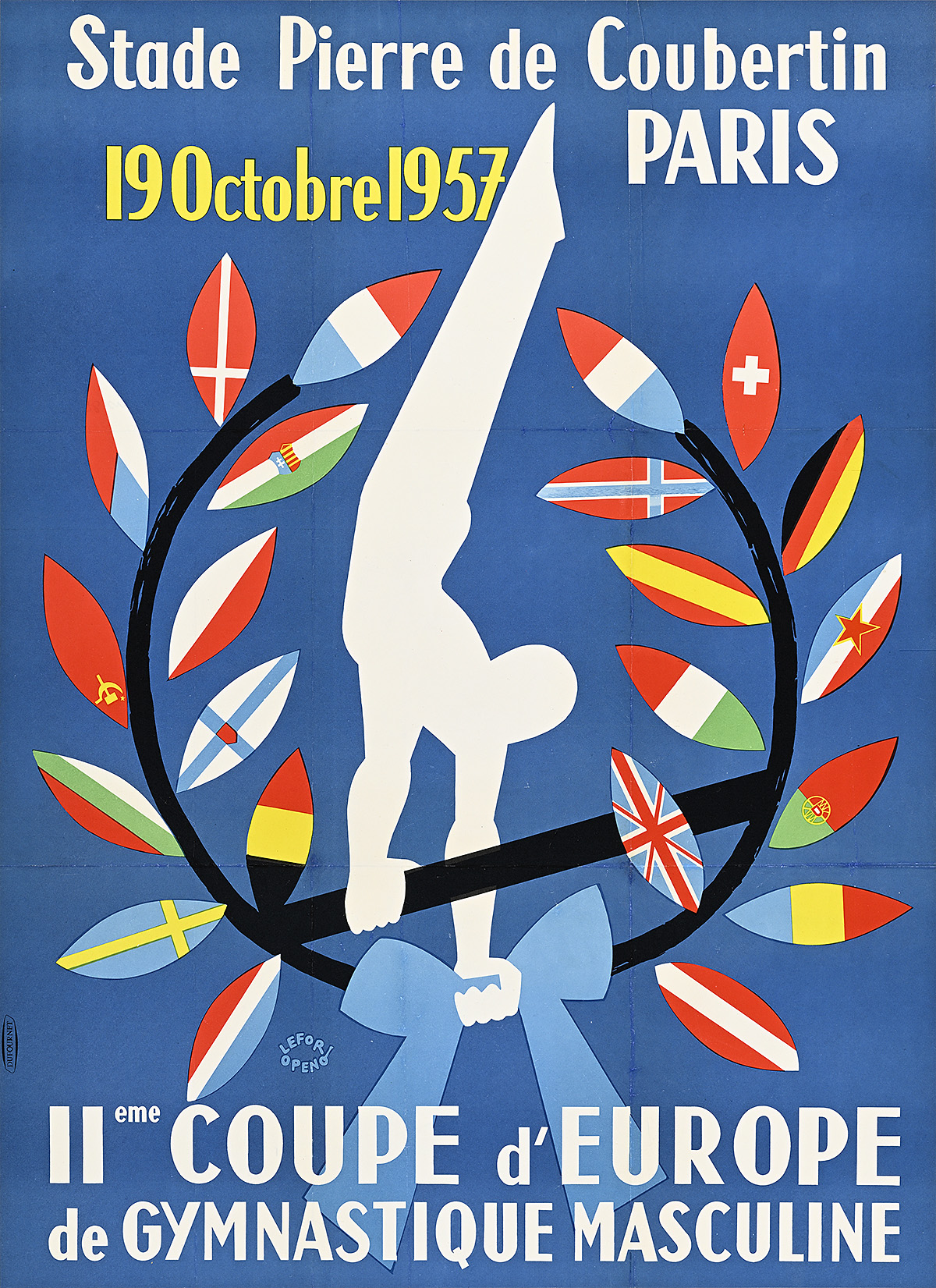 A poster of a man doing a handstand inside of a wreath made of international flags.