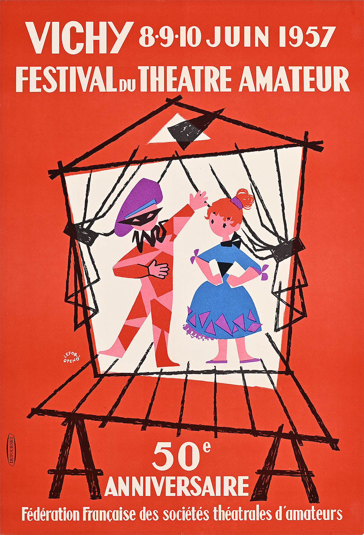 A poster of a masked figure and a woman in a dress standing on a stage.