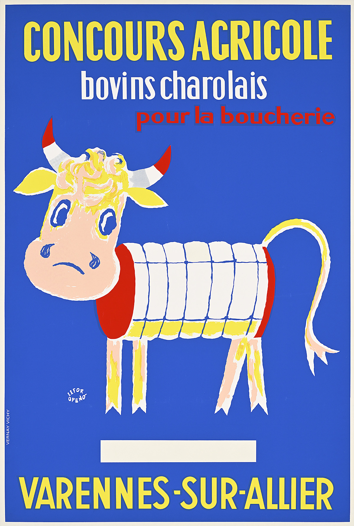 A poster of a sad cartoon cow on a blue background.