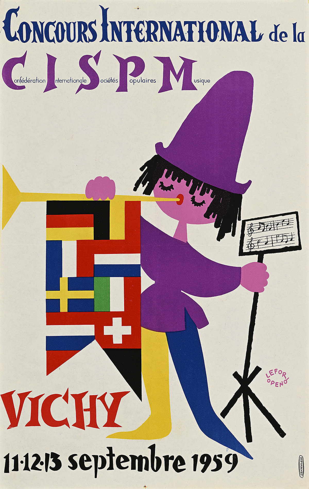 A poster with an illustration of a figure blowing a trumpet with a banner made of international flags.