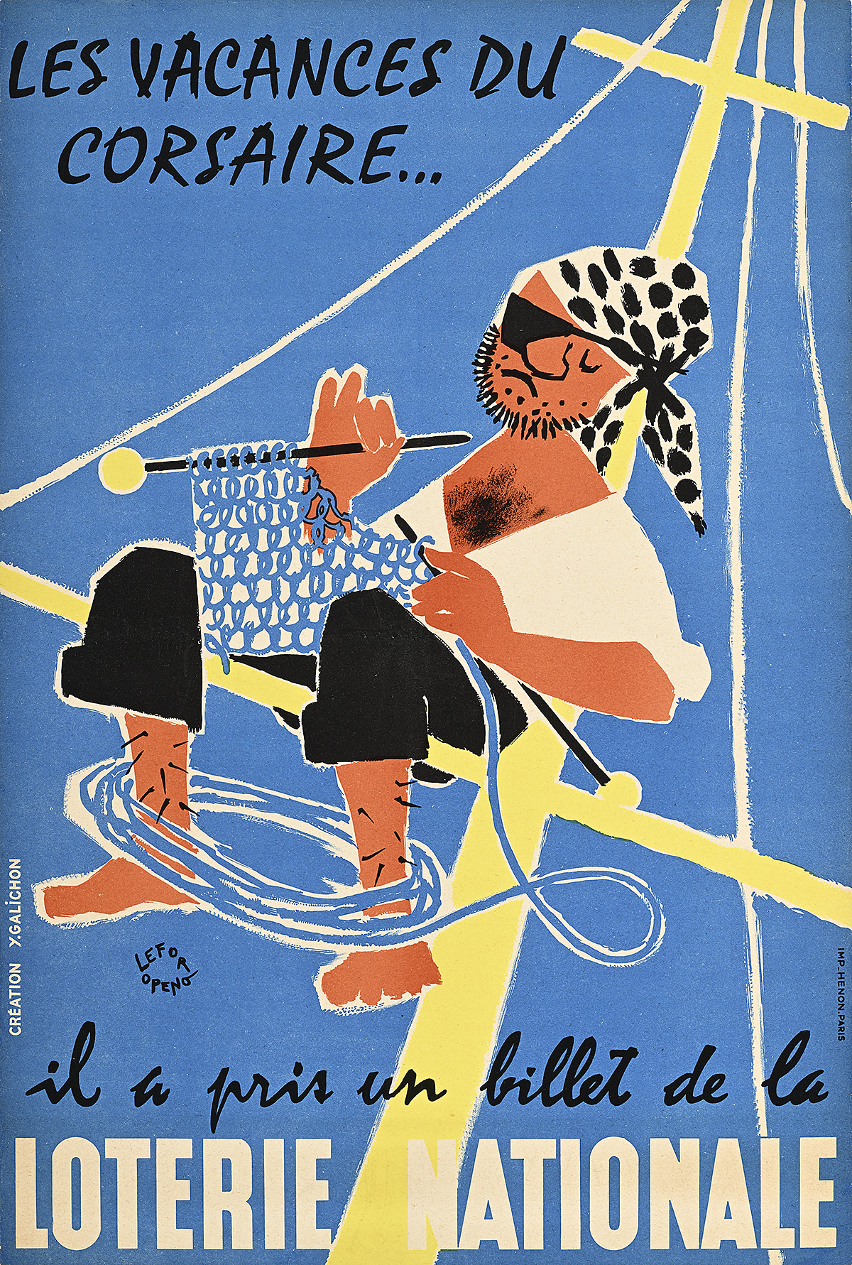 A poster of a cartoon sailor sitting on a ship's mast knitting.