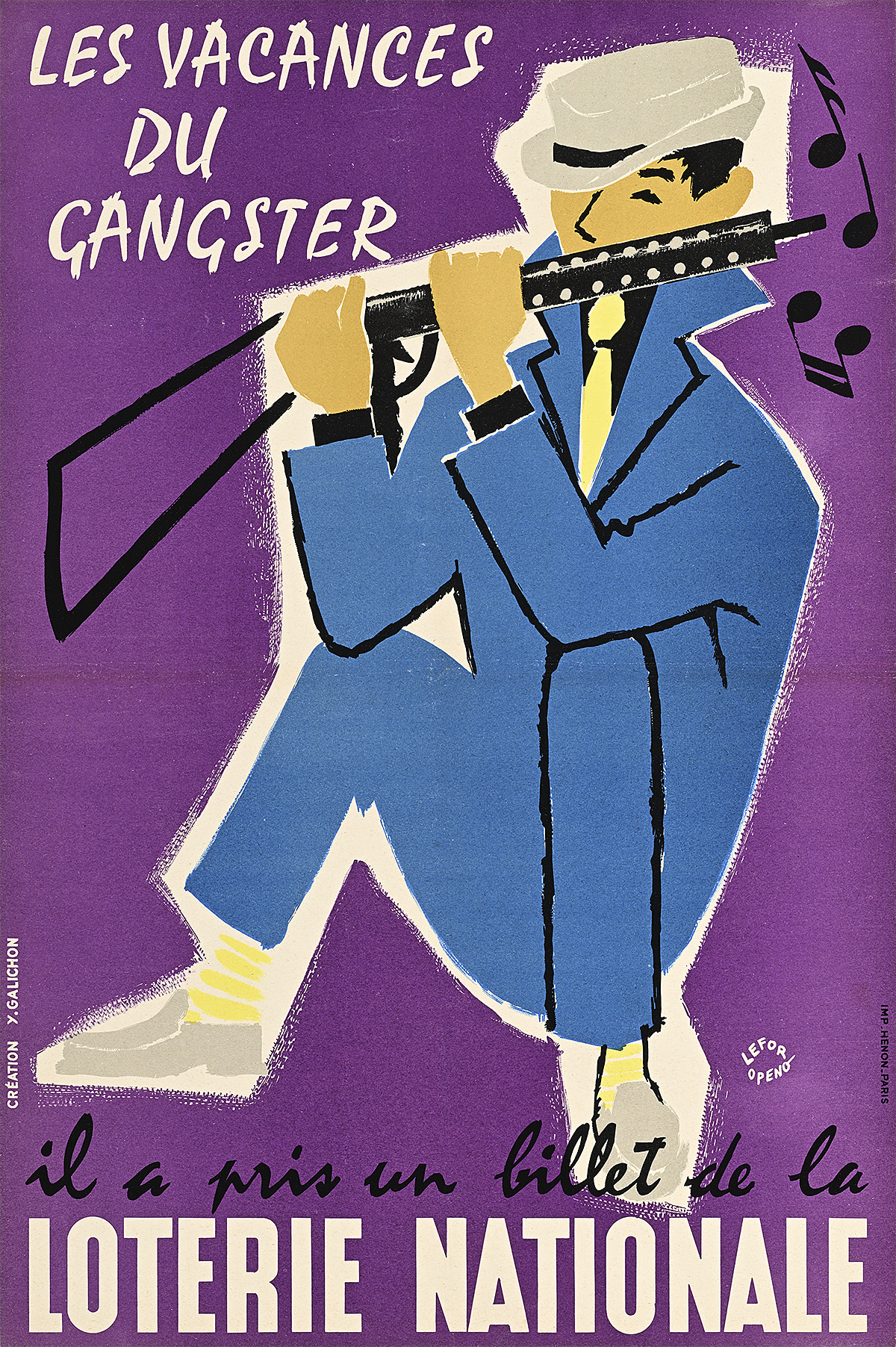 A poster of a man in a suit sitting on the floor on a purple background.