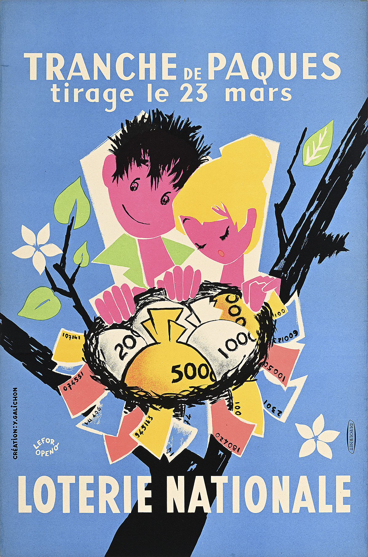 A poster of a cartoon man and a woman in a nest made out of bags of money.