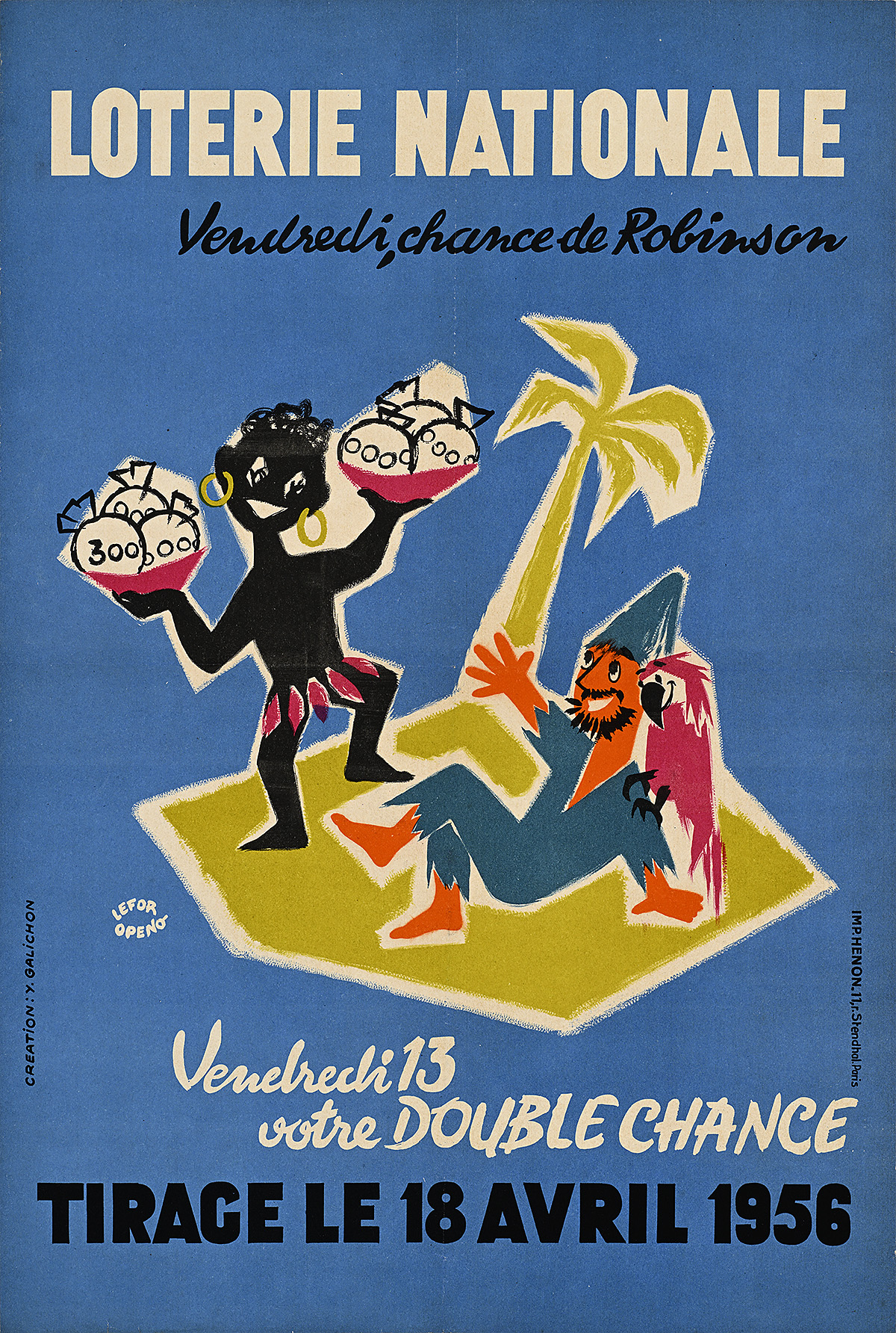 A poster with an illustration of two figures and a parrot on a small island with a palm tree.
