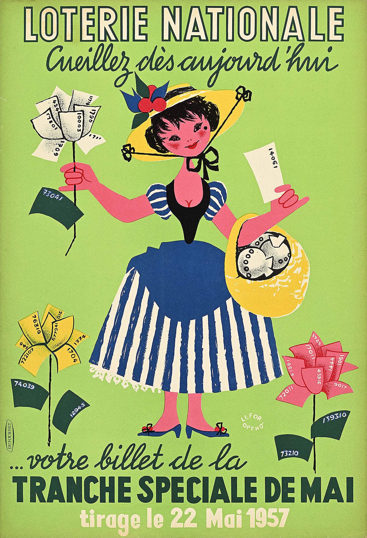 Afiche con el dibujo de una mujer con un vestido a rayas, sosteniendo una canasta llena de dinero y unas flores de boletos de la lotería sobre un fondo verde.