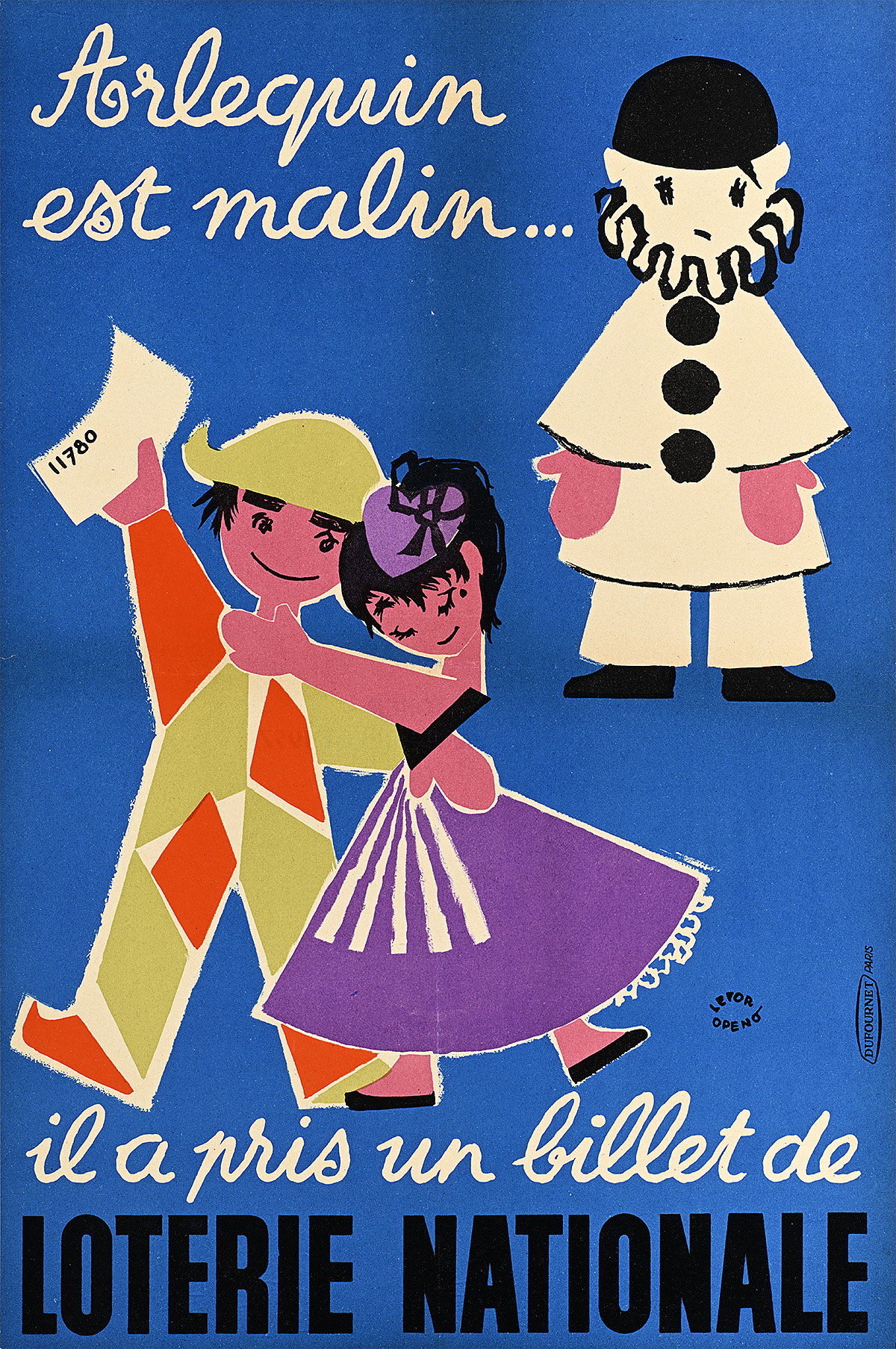A poster of a cartoon couple embracing with a cartoon mime in the background.