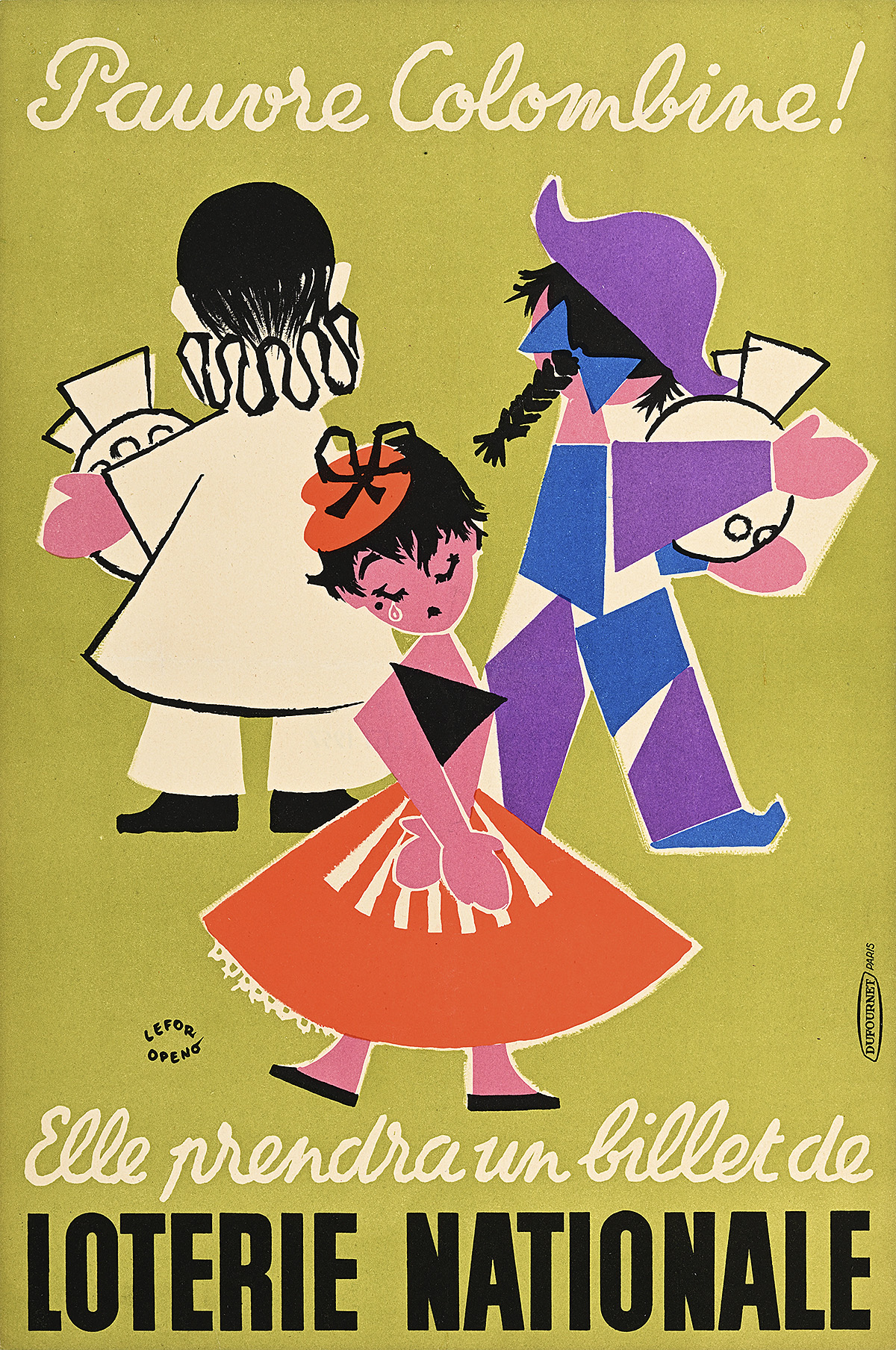A poster of a cartoon woman in a dress in front of two costumed figures on a green background.