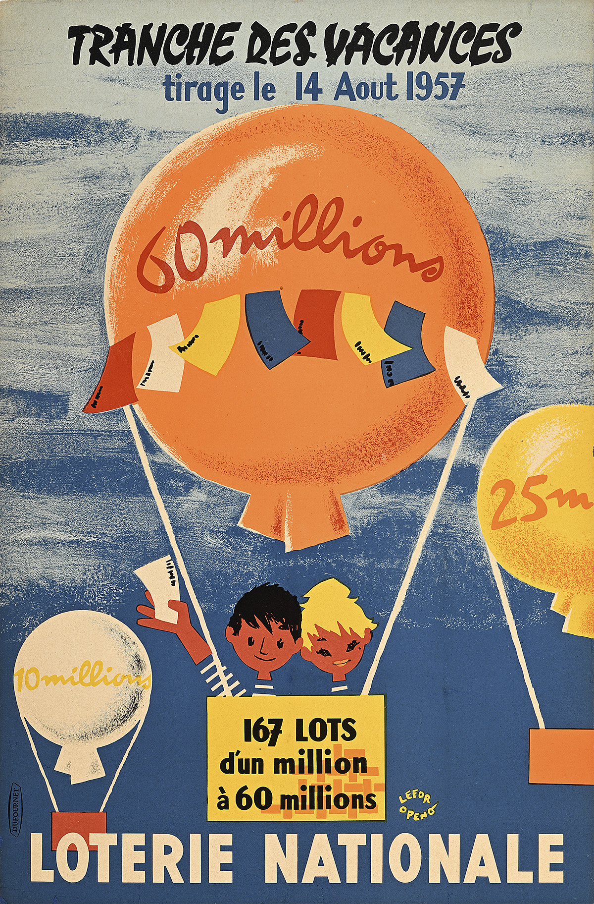 A poster of a cartoon man and woman inside a hot air balloon.
