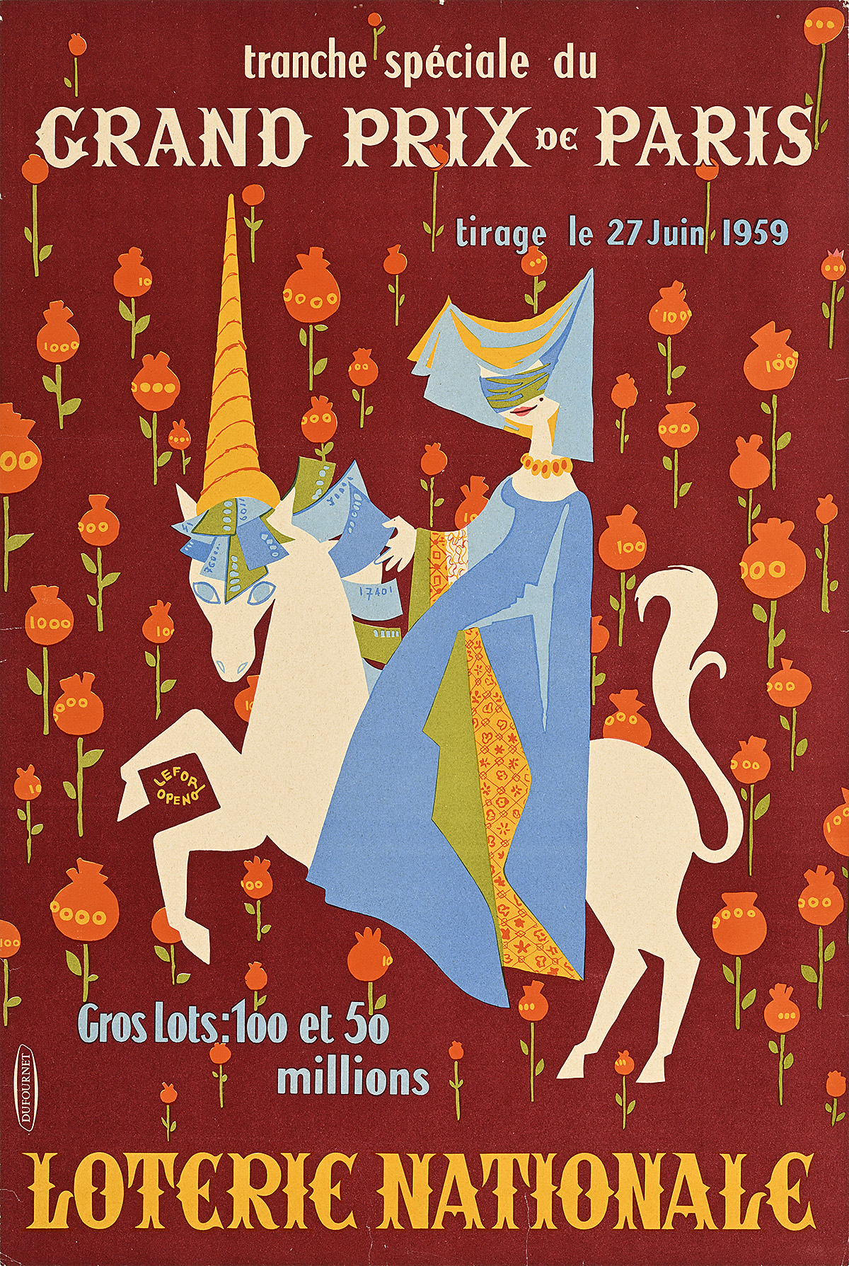 A poster in the style of a medieval tapestry of a cartoon woman riding a white horse.