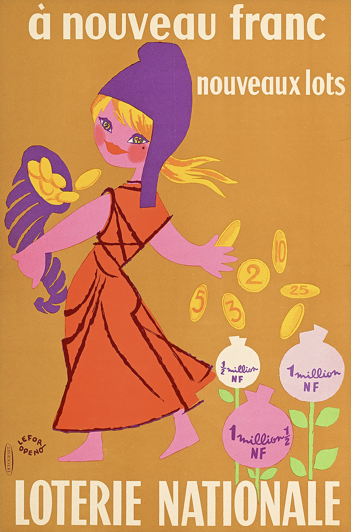 A poster of a cartoon woman throwing grain over her shoulder.