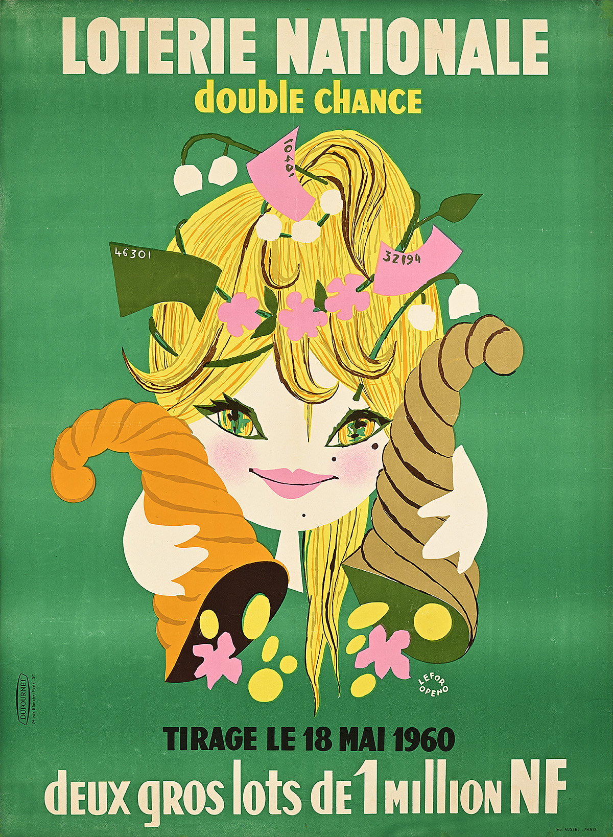 A poster of a cartoon woman with full cornucopias on a green background.