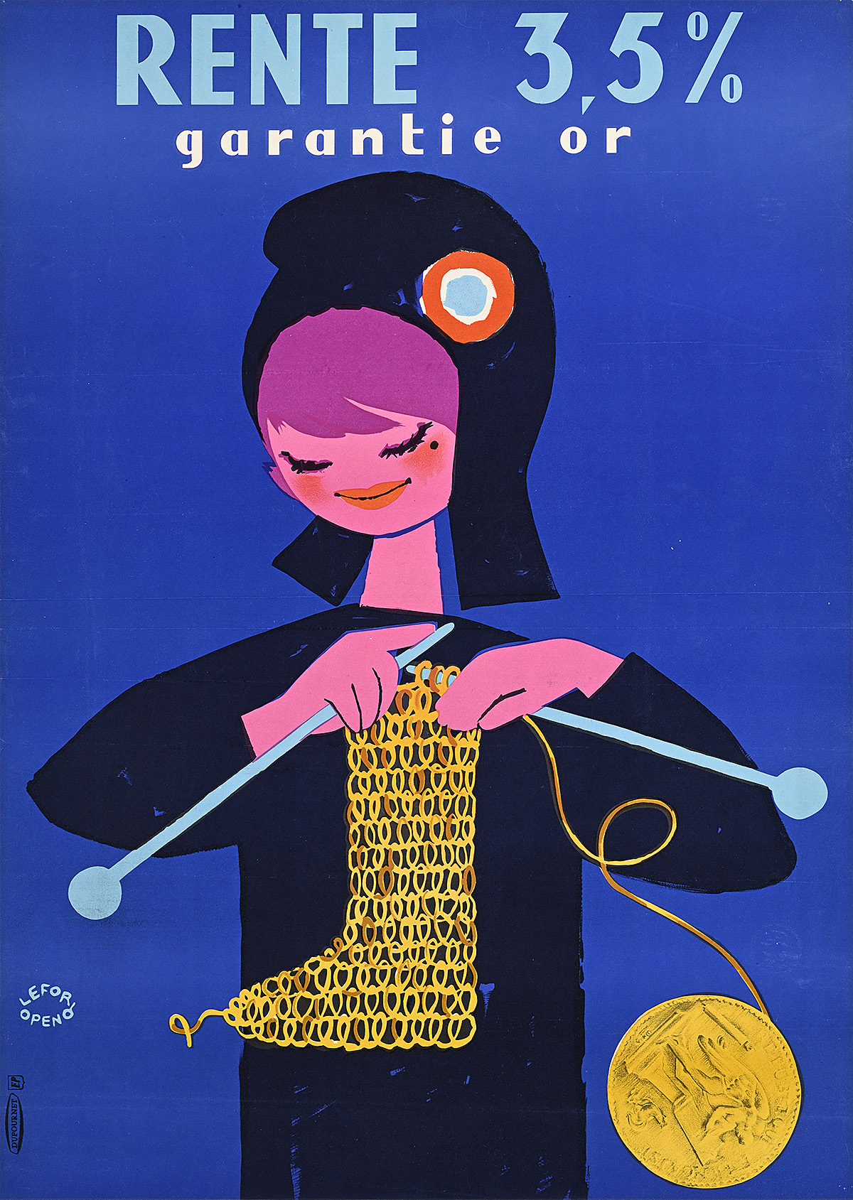 A poster of a cartoon woman knitting a sock out of a gold coin.
