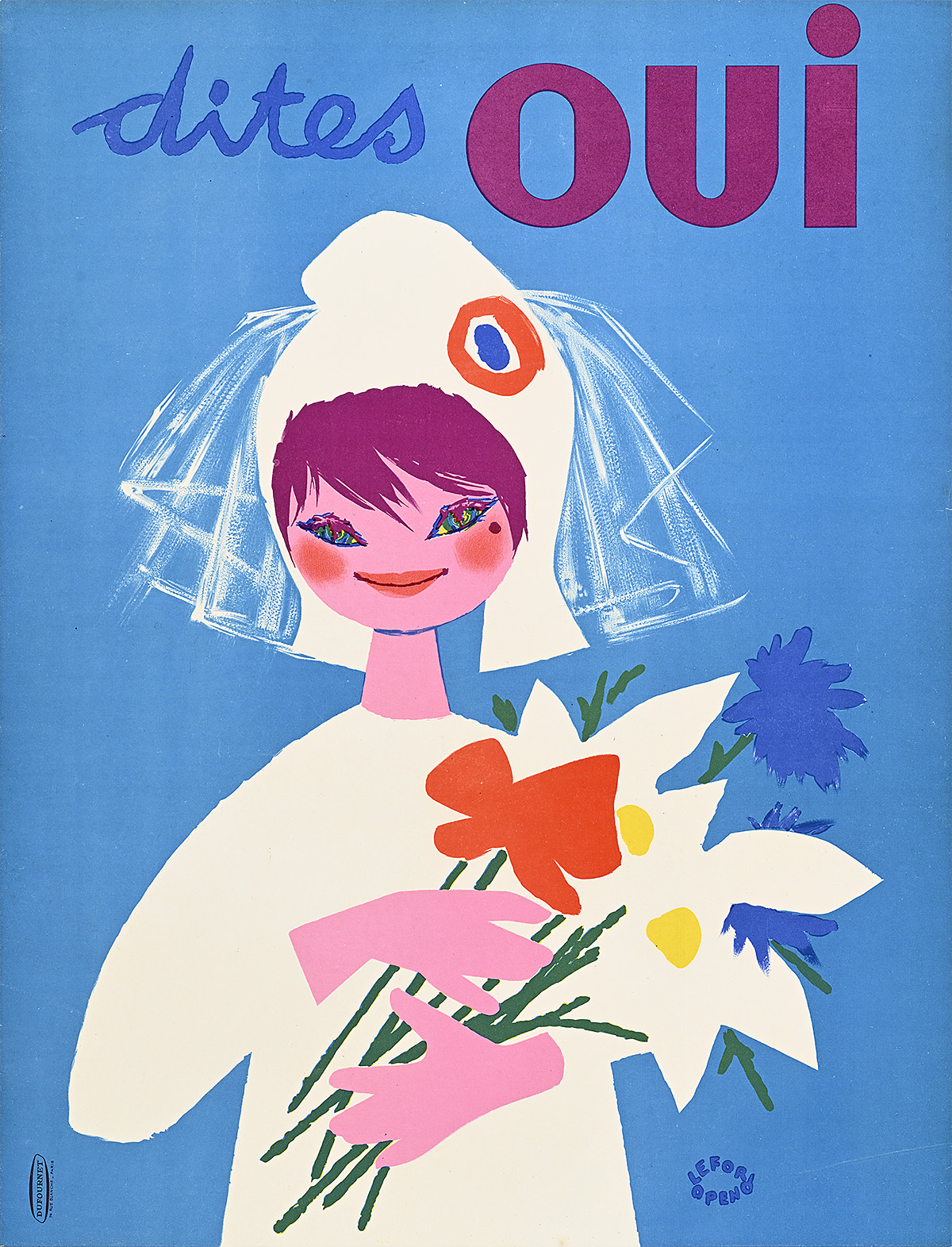 A poster of a cartoon bride in a French revolutionary cap holding flowers.