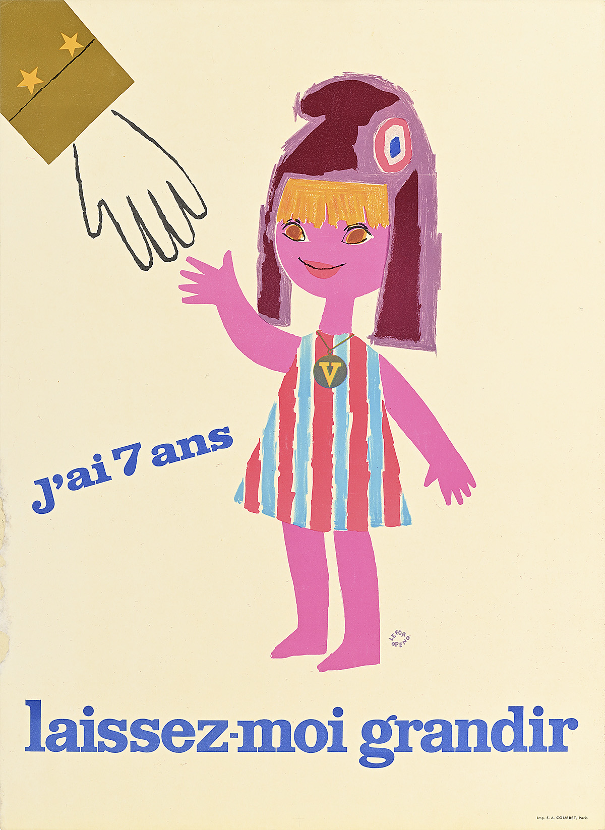 A poster of a pink cartoon girl in a Revolutionary cap reaching up to a hand in a military jacket.