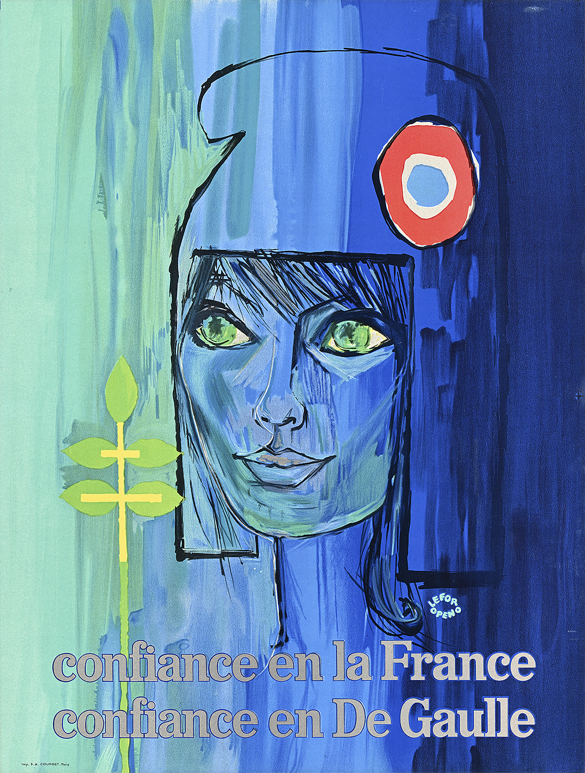 A poster of a woman in a Revolutionary cap on a blue and green background.