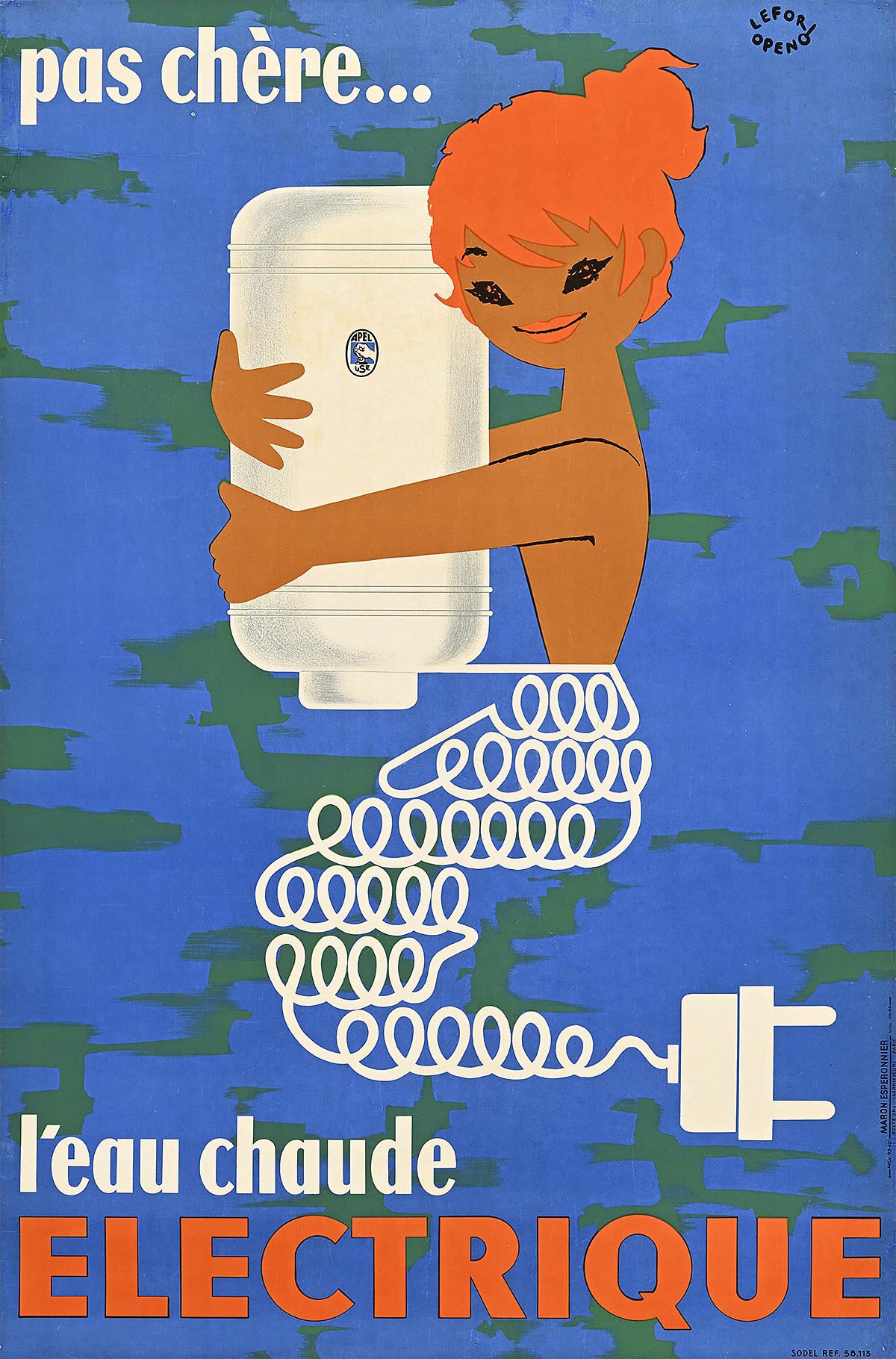 A poster of a mermaid holding a water heater with a tail made out of an electrical plug.