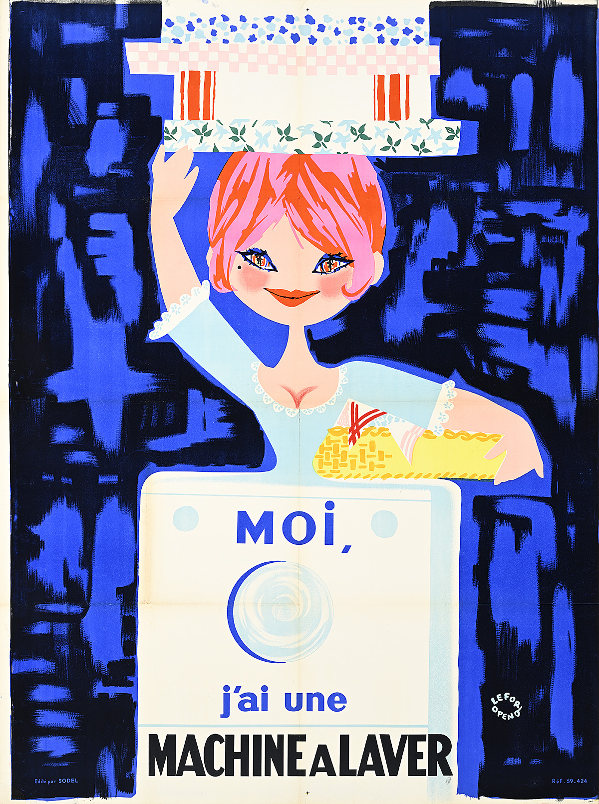 A poster of a cartoon white woman popping out of a washing machine with laundry piled on her head.