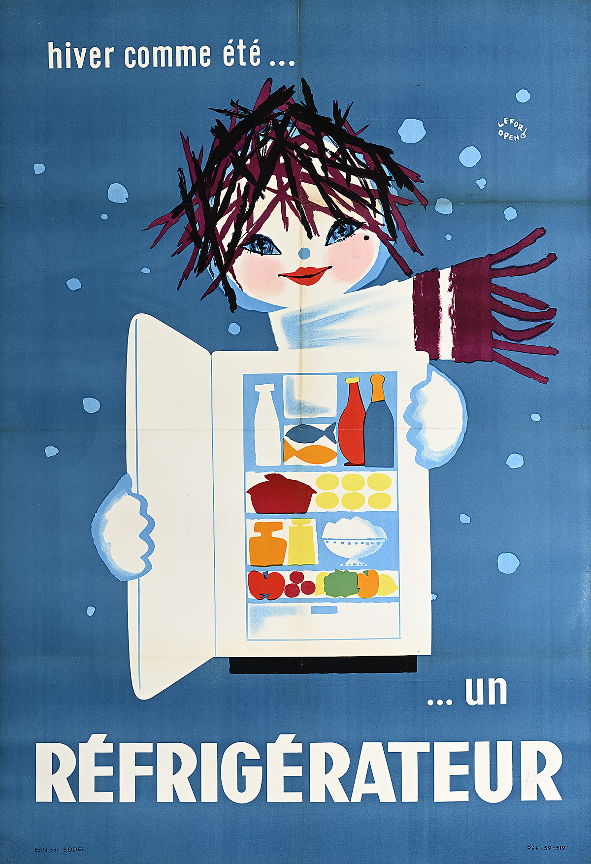 A poster of a cartoon woman in a scarf with a refrigerator.