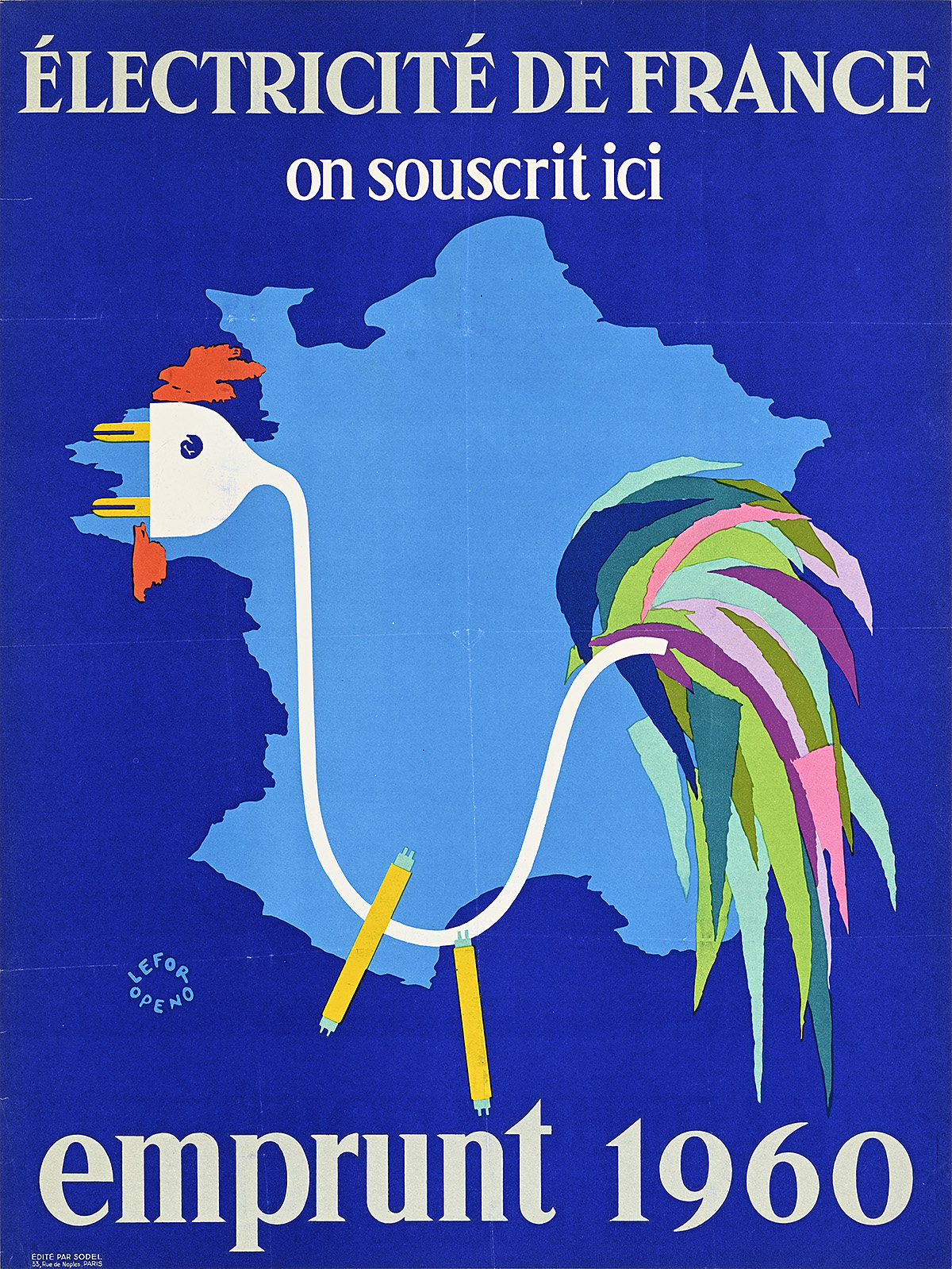 A poster of a chicken with an electrical plug forming its head.