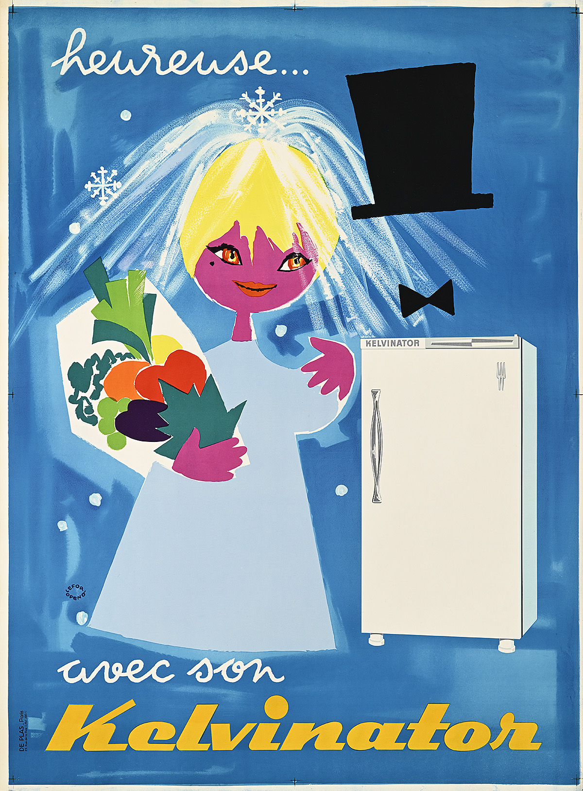 A poster of a cartoon bride next to a refrigerator and a top hat.